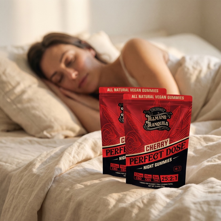 Tillmans Tranquils Perfect Dose Sleep+ on a bedside nightstand