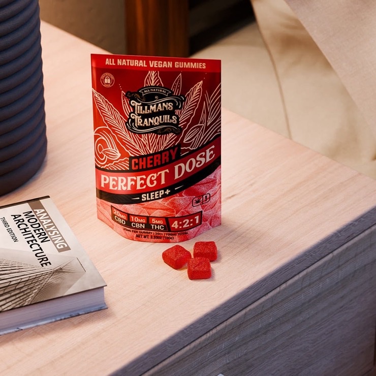 Tillmans Tranquils Perfect Dose Sleep+ on a bedside nightstand