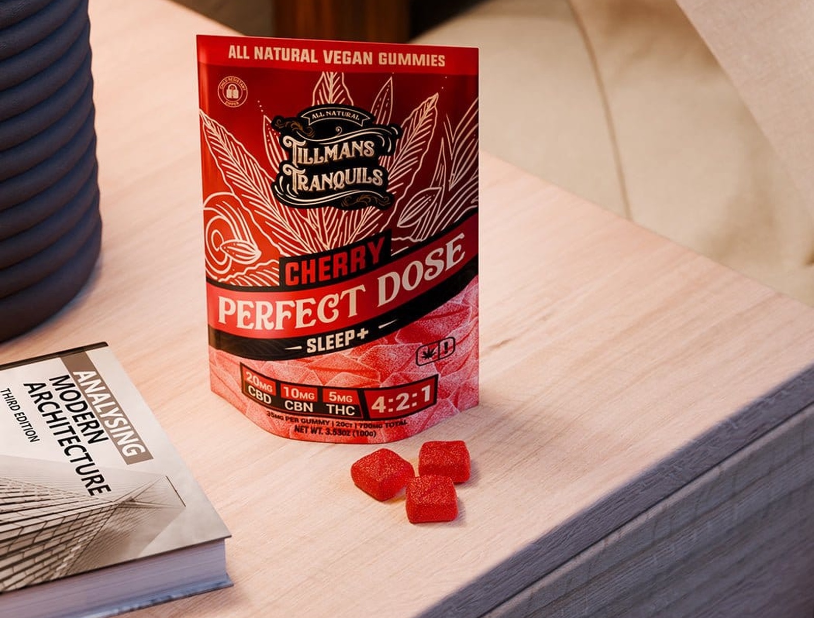 Tillmans Tranquils Perfect Dose Sleep+ on a bedside nightstand